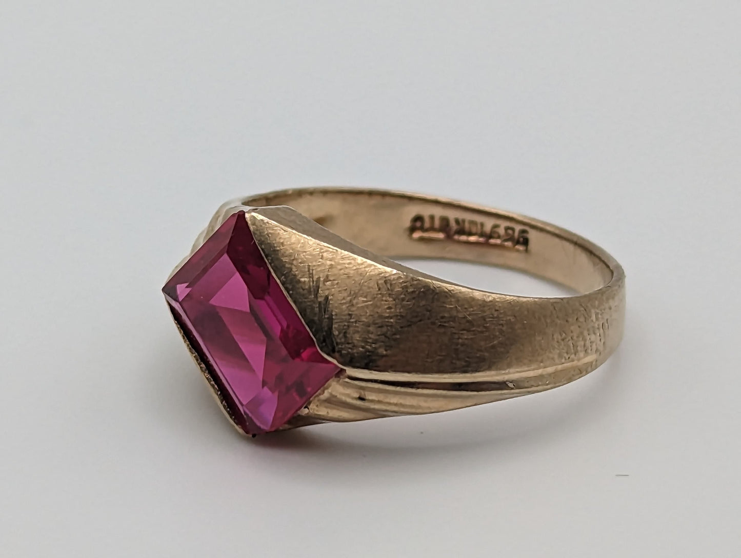 10k Ruby Ring. Emerald Cut Ruby Ring. LC Ruby Pinkie ring. Ruby Pinky ring. Diagonal ruby ring bezel set.