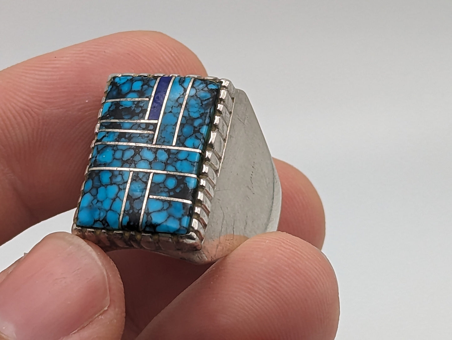 NAVAJO Zora Joe Silver Lapis Turquoise Signet Ring Heavy 17gr. Vintage Sterling Silver Art Deco Turquoise Ring. Boho Lapis Turquoise Ring.