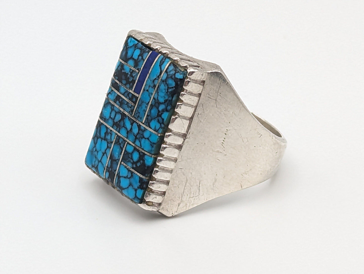 NAVAJO Zora Joe Silver Lapis Turquoise Signet Ring Heavy 17gr. Vintage Sterling Silver Art Deco Turquoise Ring. Boho Lapis Turquoise Ring.