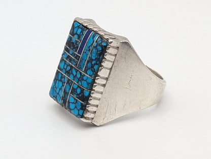 NAVAJO Zora Joe Silver Lapis Turquoise Signet Ring Heavy 17gr. Vintage Sterling Silver Art Deco Turquoise Ring. Boho Lapis Turquoise Ring.