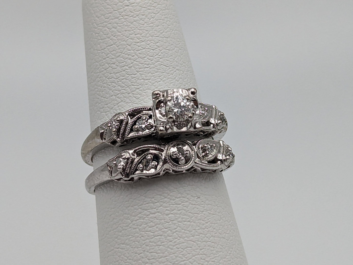 Certified Antique Art Deco 14k White Gold Diamond Wedding Ring Set Band. 14k White Gold Engagement Ring and Wedding Ring. 14k Wedding Kit