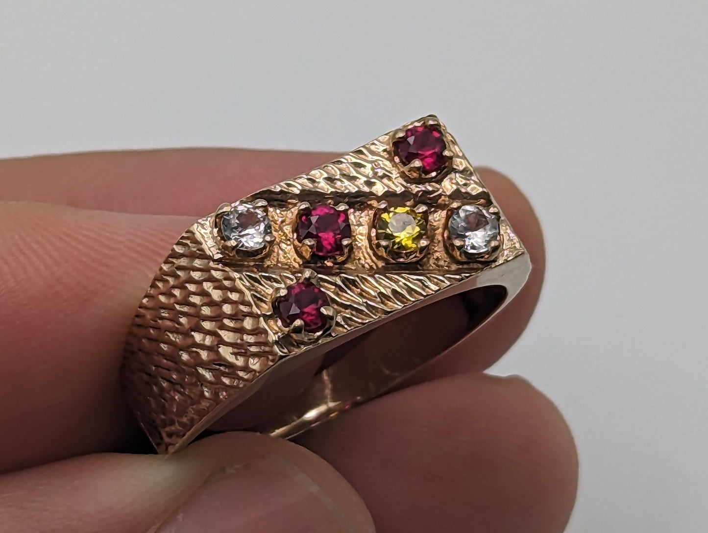 10k Yellow Gold Vintage Multi Gemstone Signet Ring. 10k Yellow Gold Rubies Yellow Sapphire White Quartz. 10k Multi Gemstone Ring SZ13