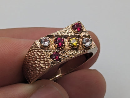 10k Yellow Gold Vintage Multi Gemstone Signet Ring. 10k Yellow Gold Rubies Yellow Sapphire White Quartz. 10k Multi Gemstone Ring SZ13