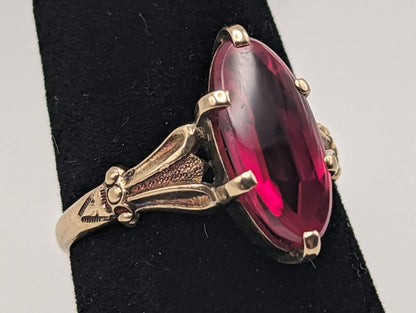 1030s Antique 10k Large Ruby Ring. 10k Victorian Marquise Ruby Ring. 10k Ruby Pinky ring. Marquise Navette Ruby Ring