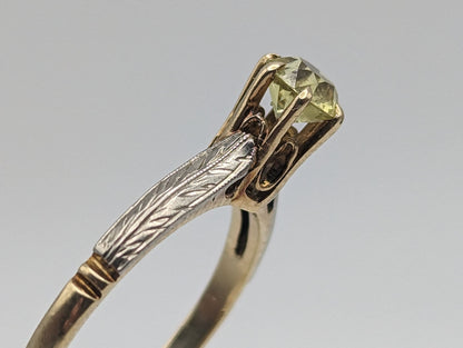 1920s Era of Art Deco 18k Multi Color Yellow and White Gold with Yellow Sapphire Ring in High Cathedral setting 18k Gold Filigree Design.