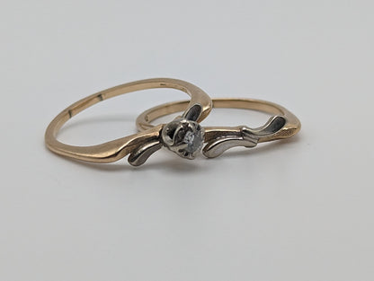 Antique Cosmic Art Nouveau 14k Multi Color Gold Diamond Wedding Ring Set Band. 14k Gold Engagement Ring and Wedding Ring. 14k Wedding Kit