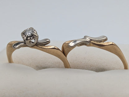 Antique Cosmic Art Nouveau 14k Multi Color Gold Diamond Wedding Ring Set Band. 14k Gold Engagement Ring and Wedding Ring. 14k Wedding Kit