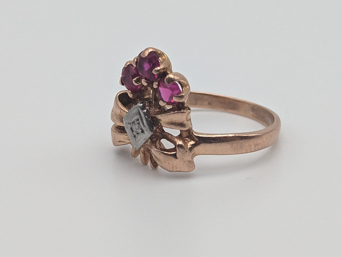 1940s Vintage 14k Rose Gold Diamond Ruby Cluster Bow Ring. 14k Diamond Ruby Engagement Band. 14k Diamond Ruby Cluster Women Wedding band