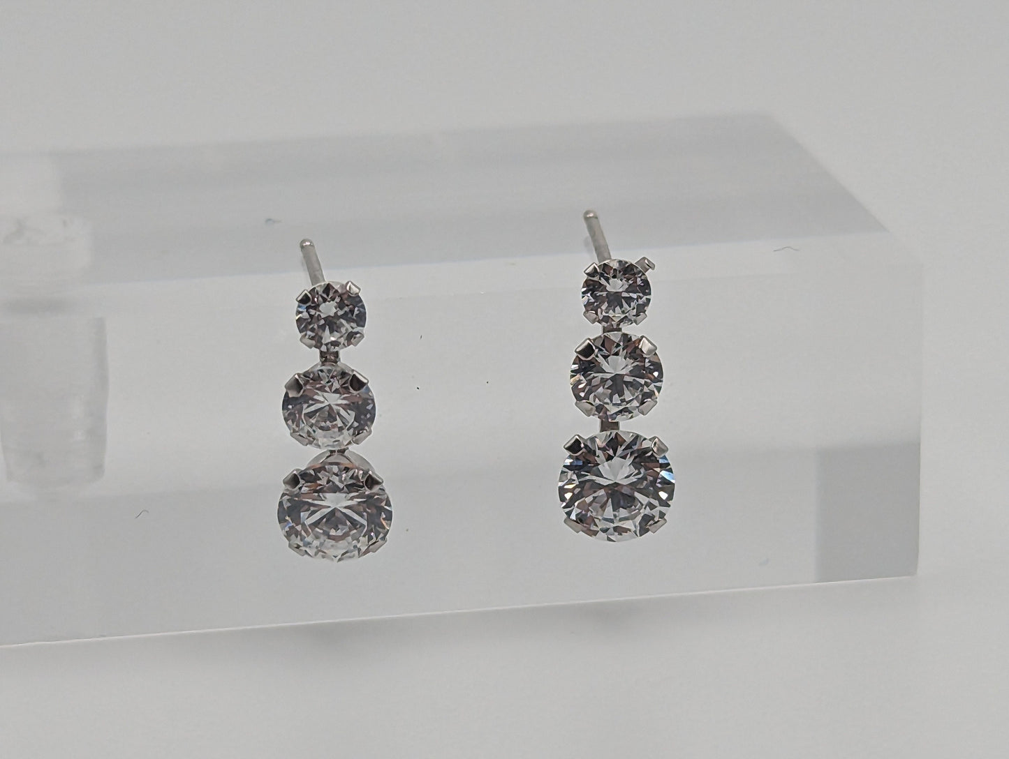 10k White Gold 3 CZ Stone Drop Earrings, 10k Cubic Zirconia 3 stone stud earrings