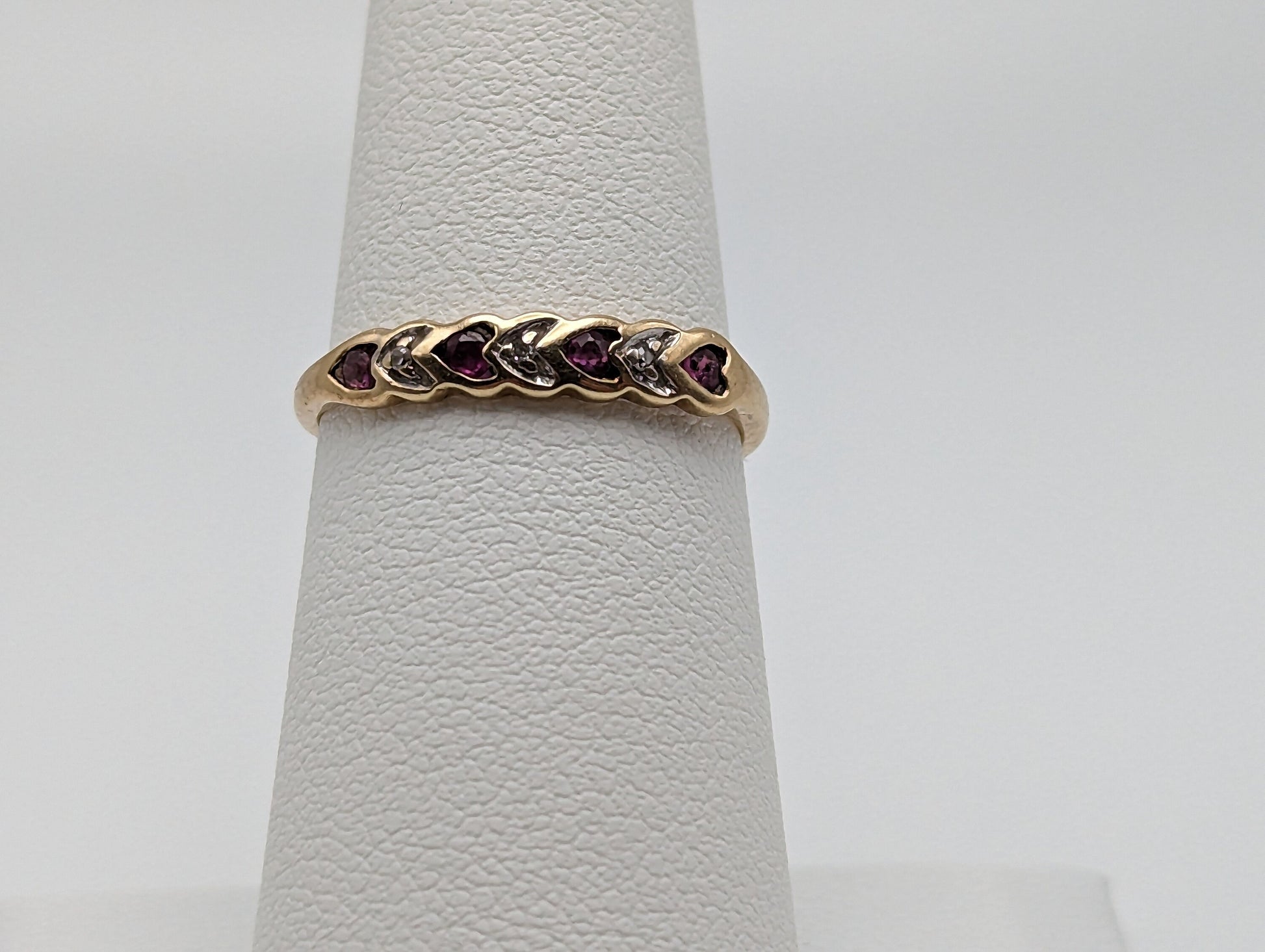 10k Heart Ring. 10k XOXO Ruby Diamond Ring. 10k Yellow Gold Heart Ruby Diamond Ring.