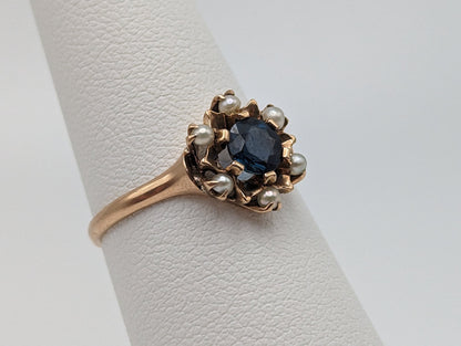 10k Rose Gold Flower Sapphire Seed Pearl Ring. Cluster Pearl Sapphire Ring. Womens Engagement Sapphire Seed Pearl Ring.