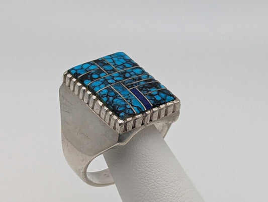 NAVAJO Zora Joe Silver Lapis Turquoise Signet Ring Heavy 17gr. Vintage Sterling Silver Art Deco Turquoise Ring. Boho Lapis Turquoise Ring.