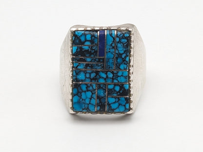 NAVAJO Zora Joe Silver Lapis Turquoise Signet Ring Heavy 17gr. Vintage Sterling Silver Art Deco Turquoise Ring. Boho Lapis Turquoise Ring.