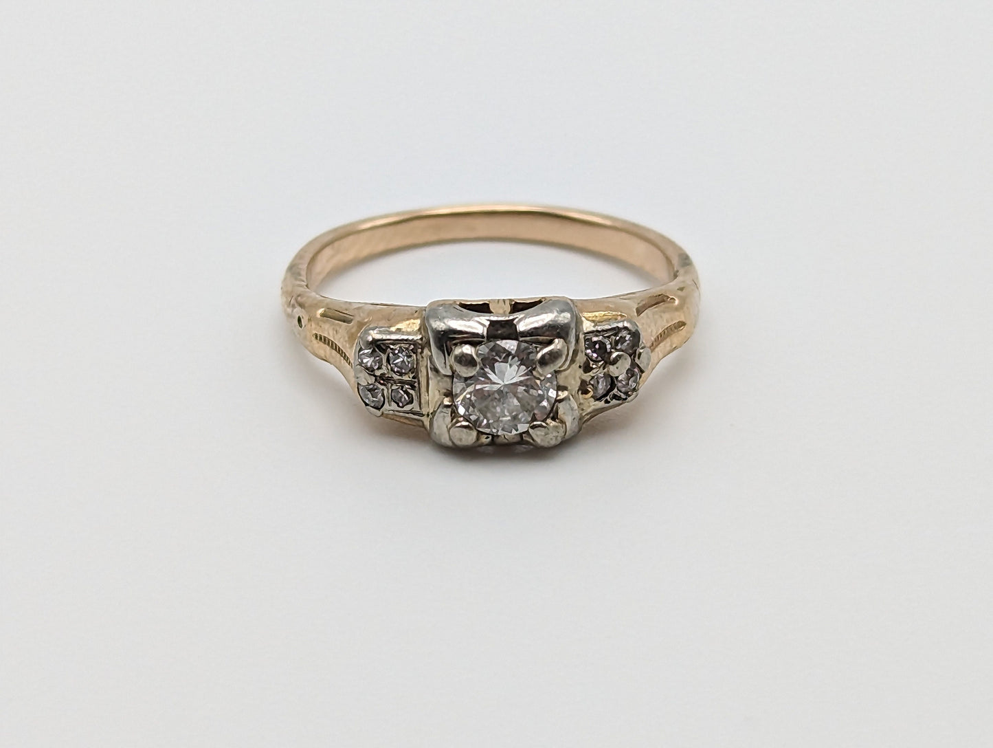 Circa 1930s 14k Art Deco Yellow Gold Engagement Diamond Band, 14k Yellow Gold Wedding Band, Art Deco Diamond Ring, Yellow Gold Bridal Ring