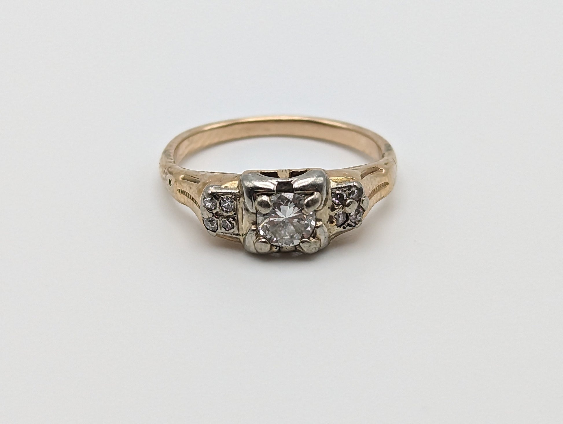 Circa 1930s 14k Art Deco Yellow Gold Engagement Diamond Band, 14k Yellow Gold Wedding Band, Art Deco Diamond Ring, Yellow Gold Bridal Ring