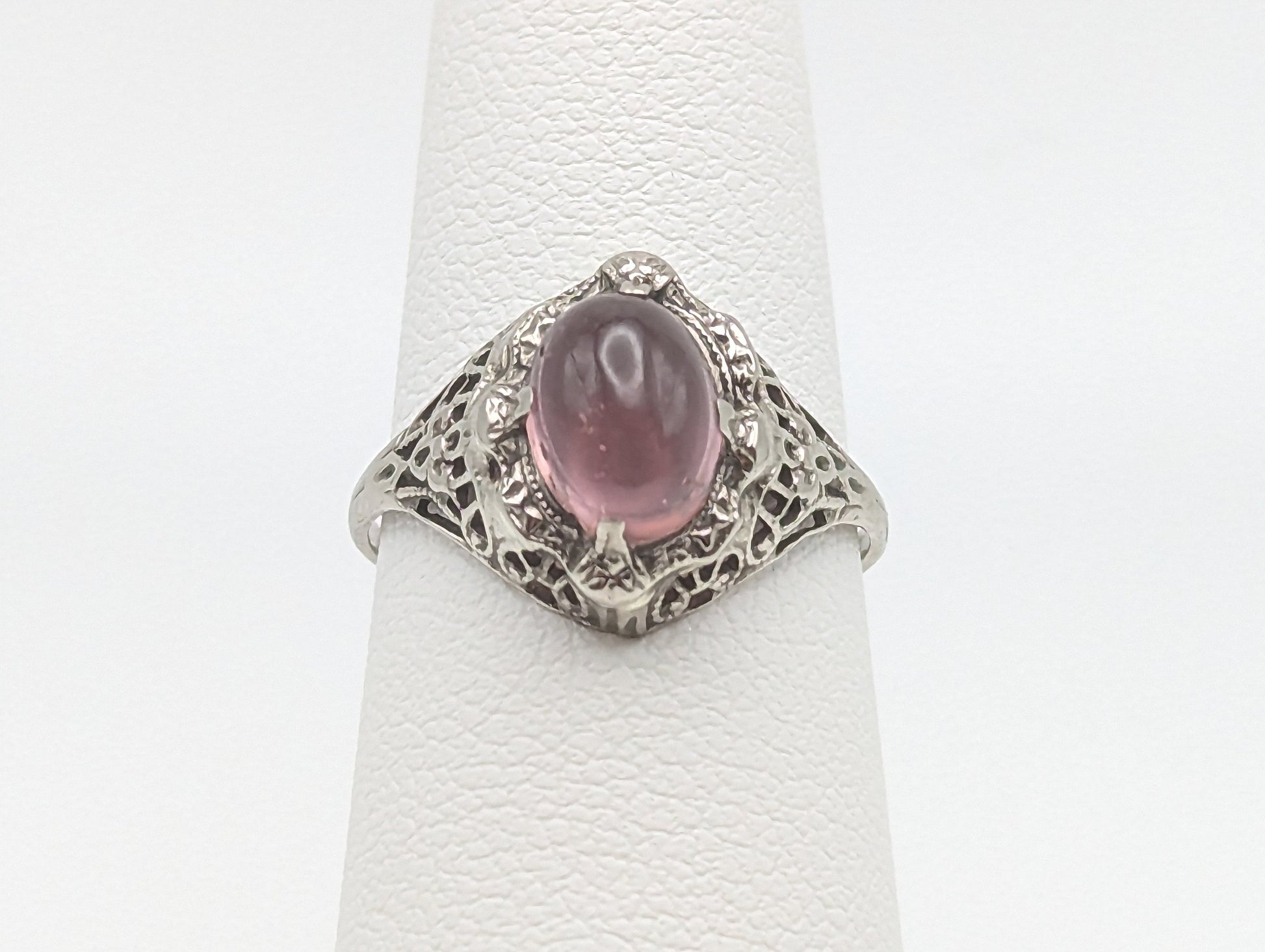 10k White Gold Womens OVAL Cabochon Tourmaline Ring. 10k Pink Tourmaline Filigree Ring. Tourmaline Art Deco Ring. 10k Pink Stone Pinky Ring