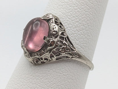 10k White Gold Womens OVAL Cabochon Tourmaline Ring. 10k Pink Tourmaline Filigree Ring. Tourmaline Art Deco Ring. 10k Pink Stone Pinky Ring