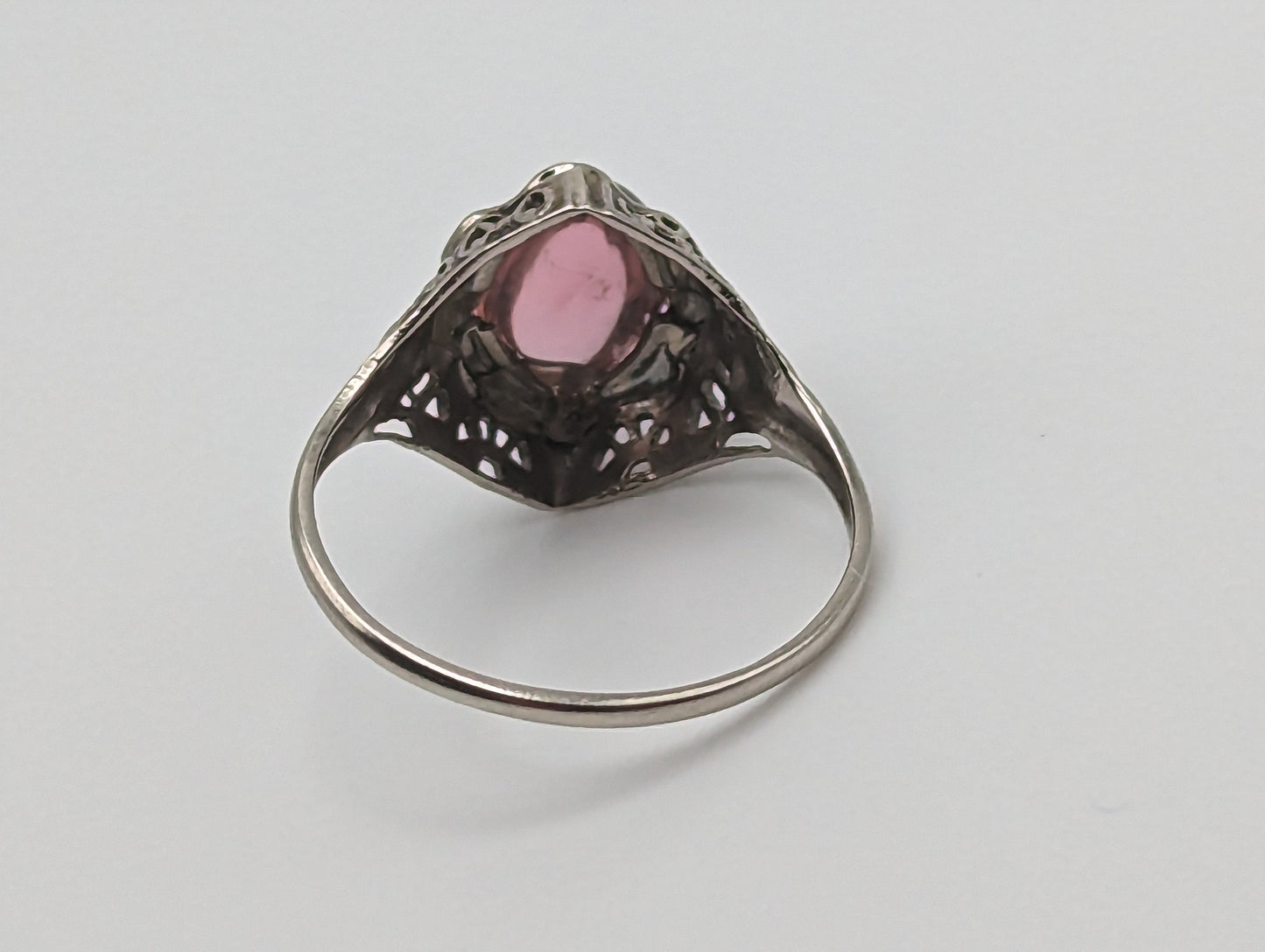 10k White Gold Womens OVAL Cabochon Tourmaline Ring. 10k Pink Tourmaline Filigree Ring. Tourmaline Art Deco Ring. 10k Pink Stone Pinky Ring