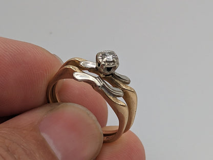 Antique Cosmic Art Nouveau 14k Multi Color Gold Diamond Wedding Ring Set Band. 14k Gold Engagement Ring and Wedding Ring. 14k Wedding Kit