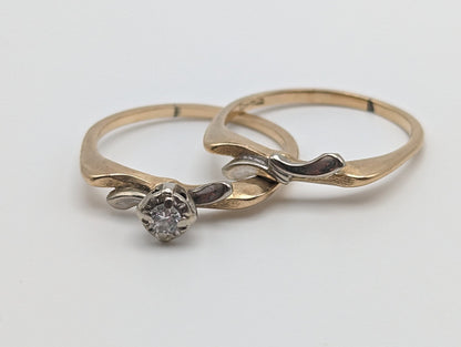 Antique Cosmic Art Nouveau 14k Multi Color Gold Diamond Wedding Ring Set Band. 14k Gold Engagement Ring and Wedding Ring. 14k Wedding Kit