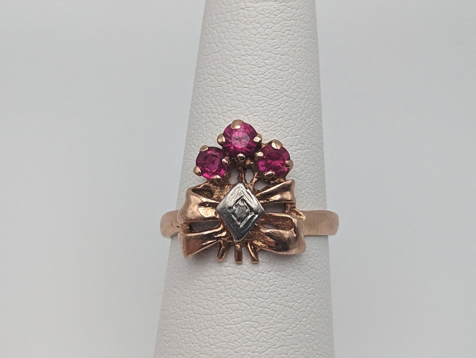 1940s Vintage 14k Rose Gold Diamond Ruby Cluster Bow Ring. 14k Diamond Ruby Engagement Band. 14k Diamond Ruby Cluster Women Wedding band