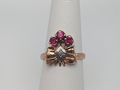 1940s Vintage 14k Rose Gold Diamond Ruby Cluster Bow Ring. 14k Diamond Ruby Engagement Band. 14k Diamond Ruby Cluster Women Wedding band