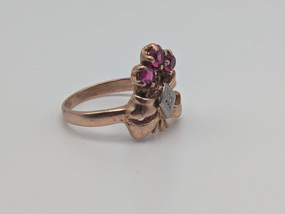 1940s Vintage 14k Rose Gold Diamond Ruby Cluster Bow Ring. 14k Diamond Ruby Engagement Band. 14k Diamond Ruby Cluster Women Wedding band