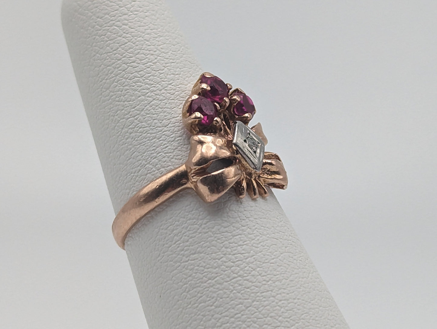 1940s Vintage 14k Rose Gold Diamond Ruby Cluster Bow Ring. 14k Diamond Ruby Engagement Band. 14k Diamond Ruby Cluster Women Wedding band