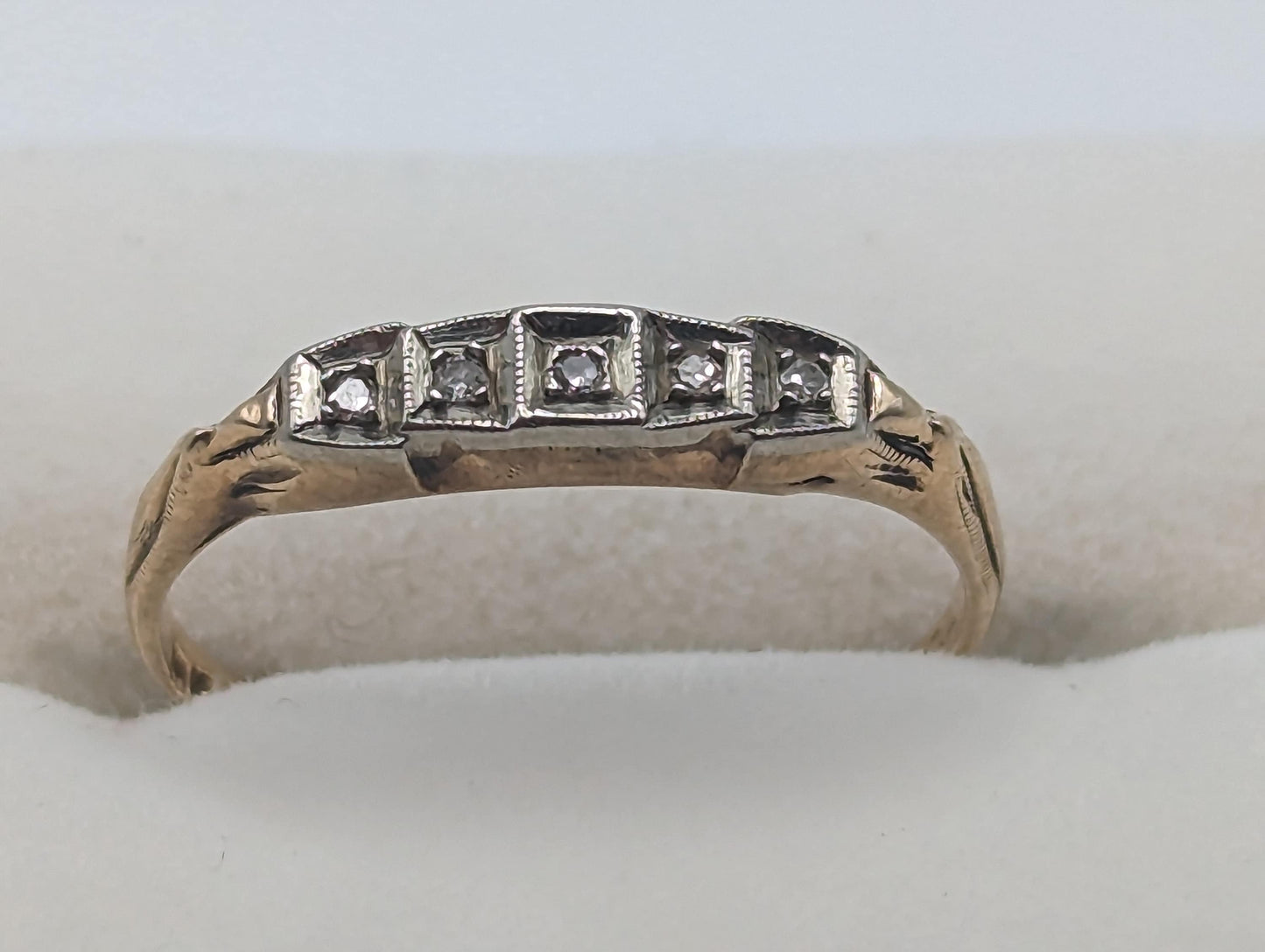 1930s Art Deco 5 Diamonds 10k Engagement RIng, Edwardian Diamond Wedding Band Yellow and White gold Diamond Eternity Band