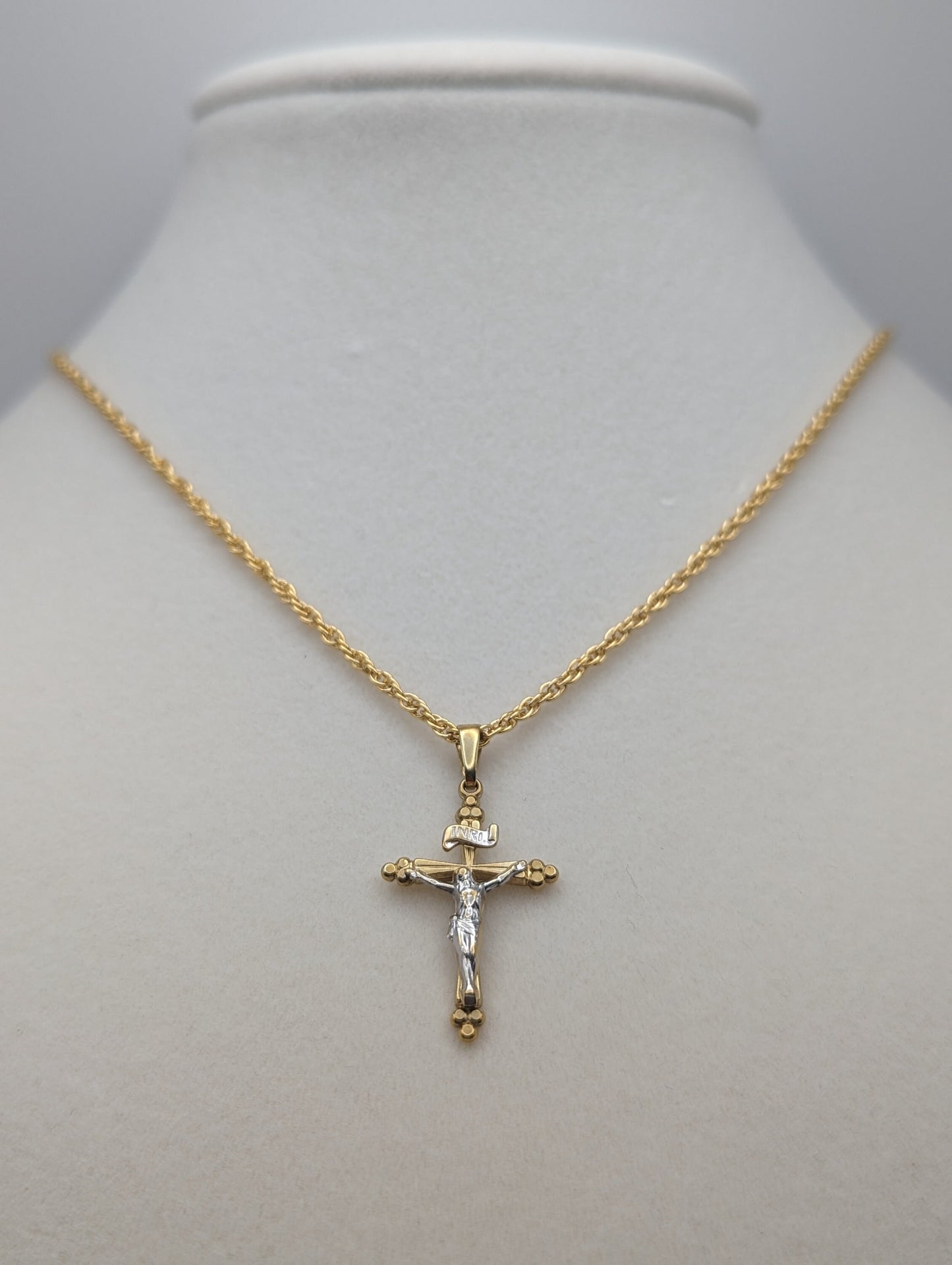 14k INRI Jesus Crucifix Cross Pendant. 14k Yellow & White Gold Crucifix. 14k Yellow Gold Cross Pendant + Complimentary 14k GF Necklace