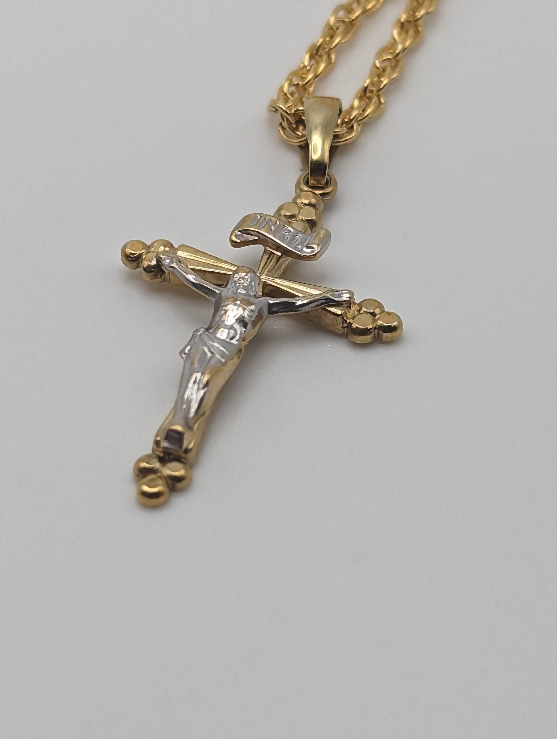 14k INRI Jesus Crucifix Cross Pendant. 14k Yellow & White Gold Crucifix. 14k Yellow Gold Cross Pendant + Complimentary 14k GF Necklace