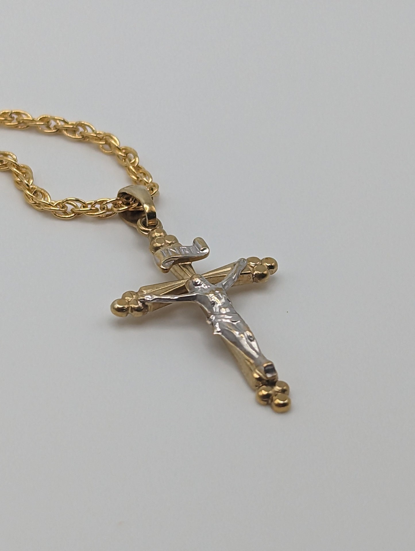 14k INRI Jesus Crucifix Cross Pendant. 14k Yellow & White Gold Crucifix. 14k Yellow Gold Cross Pendant + Complimentary 14k GF Necklace