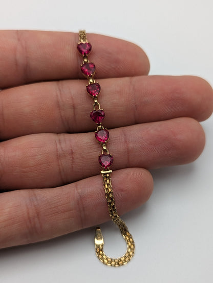 10k Yellow Gold 6 Ruby Heart Bracelet. Womens Ruby Heart Bracelet. 10k Womens 6 Heart Yellow Gold Bracelet. 10k Ruby Heart Bracelet.