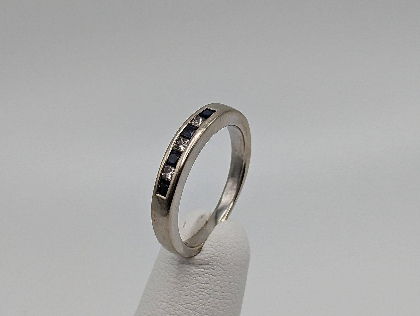 14k Womens Channel ring. White Gold Sapphire Diamond Eternity band. 14k Anniversary half eternity band. 14k Wedding Band.