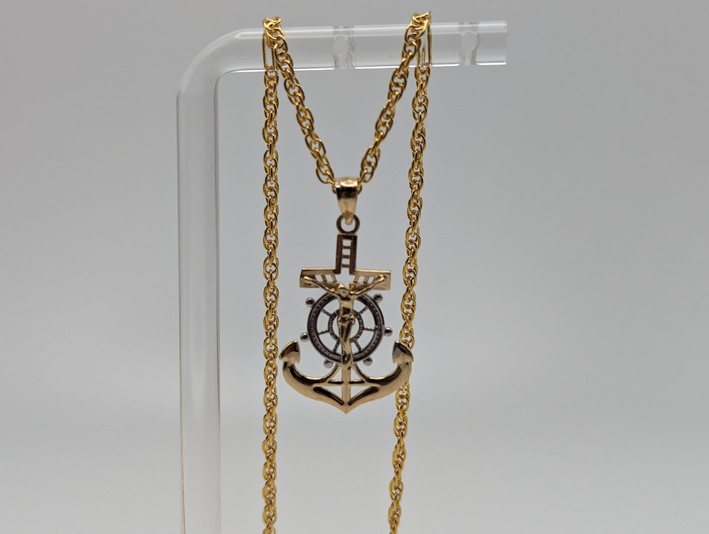 14k Jesus Christ Anchor Mariner Pendant. 14k Yellow & White Gold Crucifix. 14k Yellow Gold Cross Pendant + Complimentary 14k GF Necklace