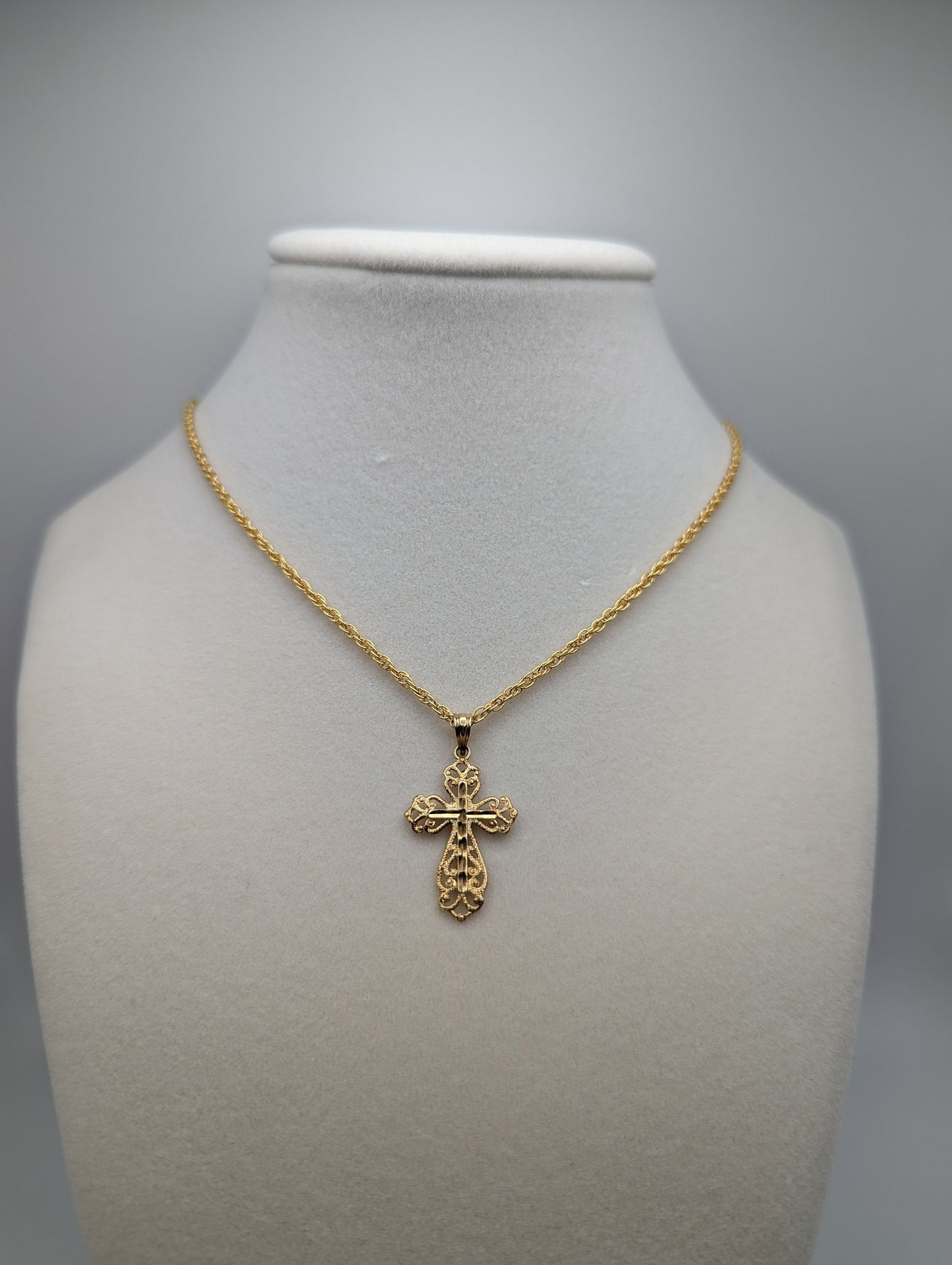 14k Filigree Cross Pendant. 14k Yellow Gold Crucifix. 14k Yellow Gold Polished Filigree Cross Pendant + Complimentary 14k GF Necklace