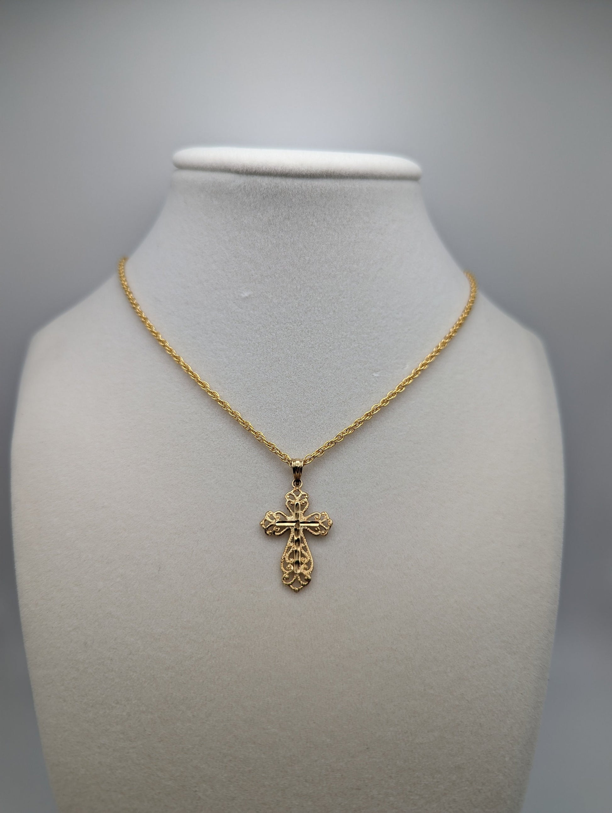 14k Filigree Cross Pendant. 14k Yellow Gold Crucifix. 14k Yellow Gold Polished Filigree Cross Pendant + Complimentary 14k GF Necklace