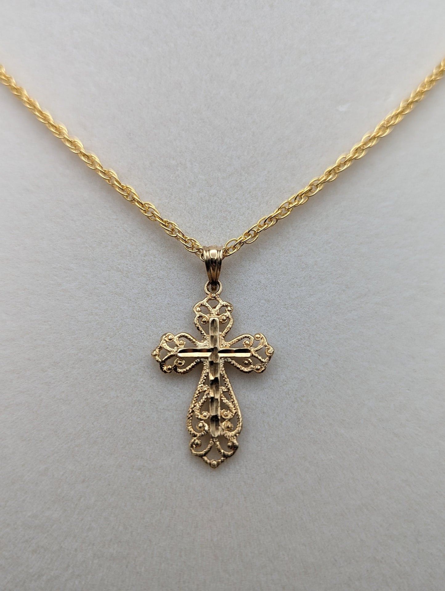 14k Filigree Cross Pendant. 14k Yellow Gold Crucifix. 14k Yellow Gold Polished Filigree Cross Pendant + Complimentary 14k GF Necklace