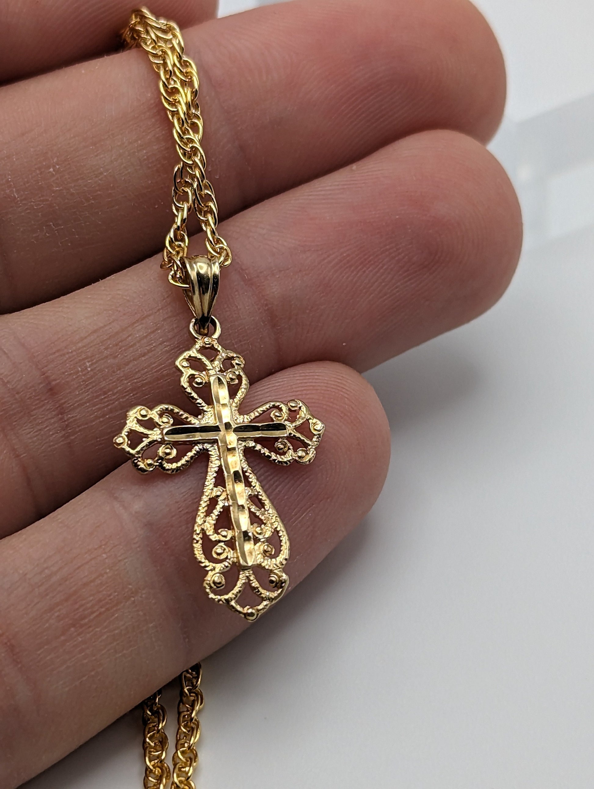 14k Filigree Cross Pendant. 14k Yellow Gold Crucifix. 14k Yellow Gold Polished Filigree Cross Pendant + Complimentary 14k GF Necklace