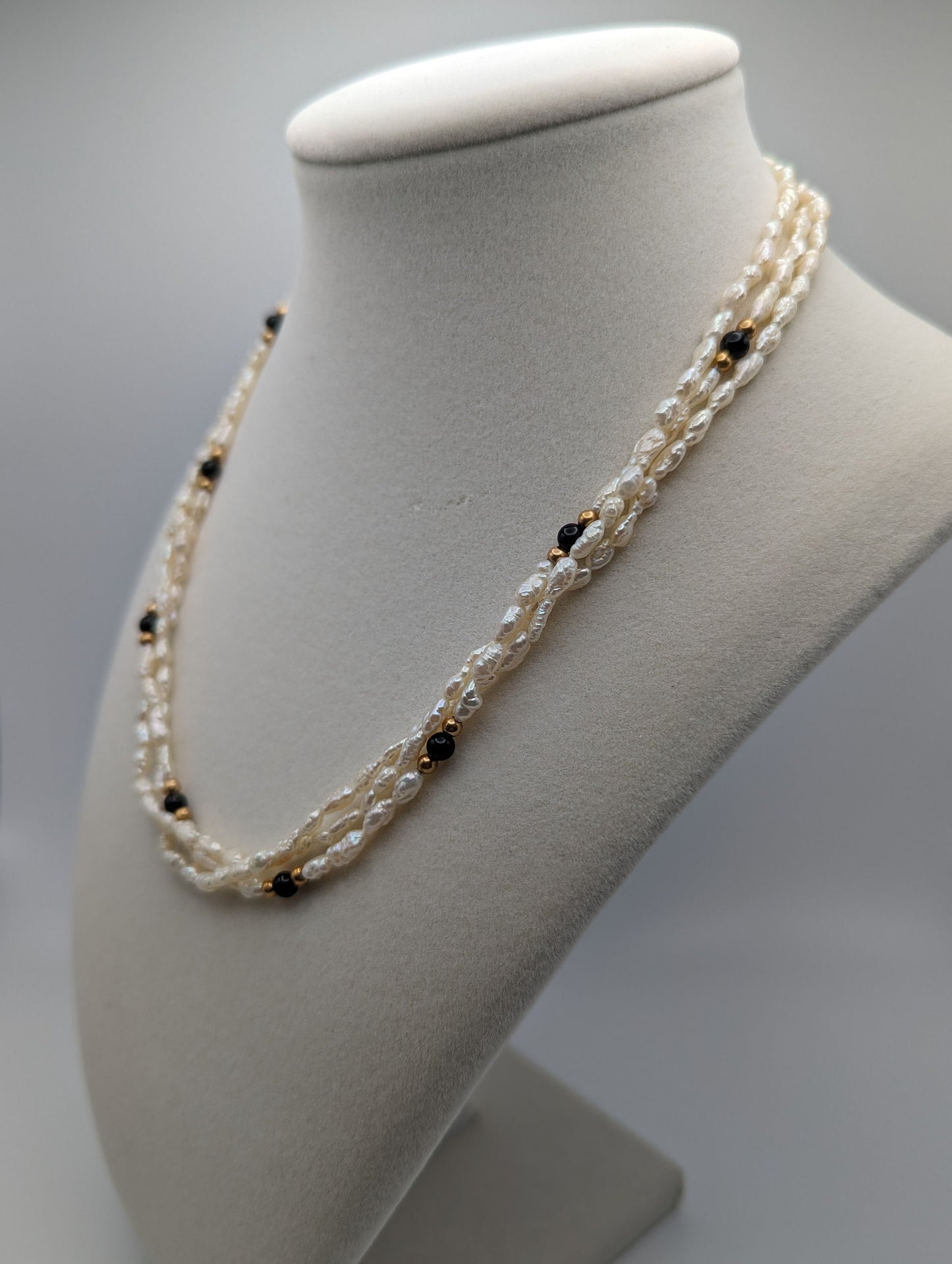 14k Gold & Fresh Water Pearl Necklace w Onyx Stone 14k Gold Beads 14K Freshwater Pearl Gold Bead Three Strand Necklace, pearl onyx necklace