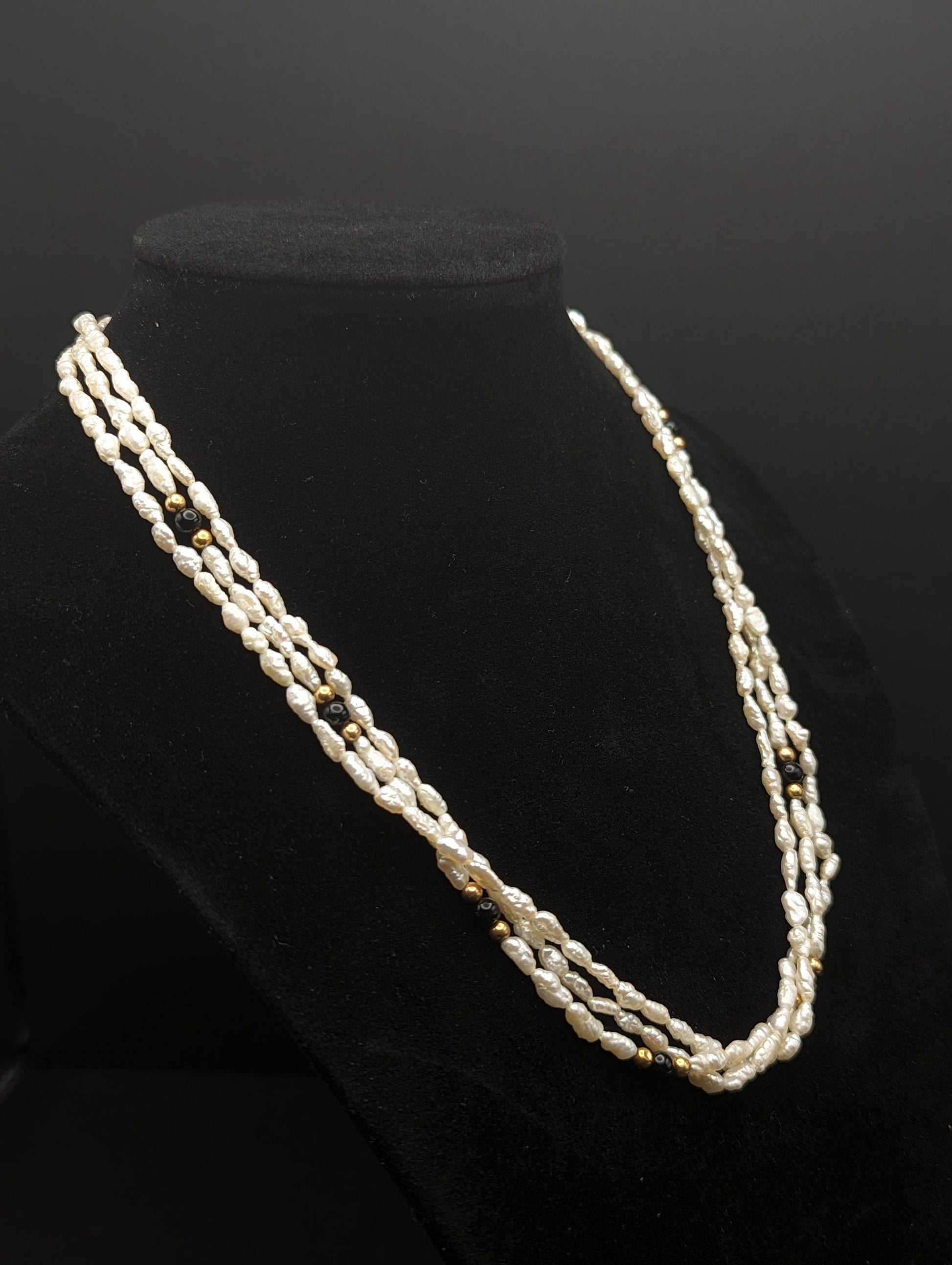 14k Gold & Fresh Water Pearl Necklace w Onyx Stone 14k Gold Beads 14K Freshwater Pearl Gold Bead Three Strand Necklace, pearl onyx necklace