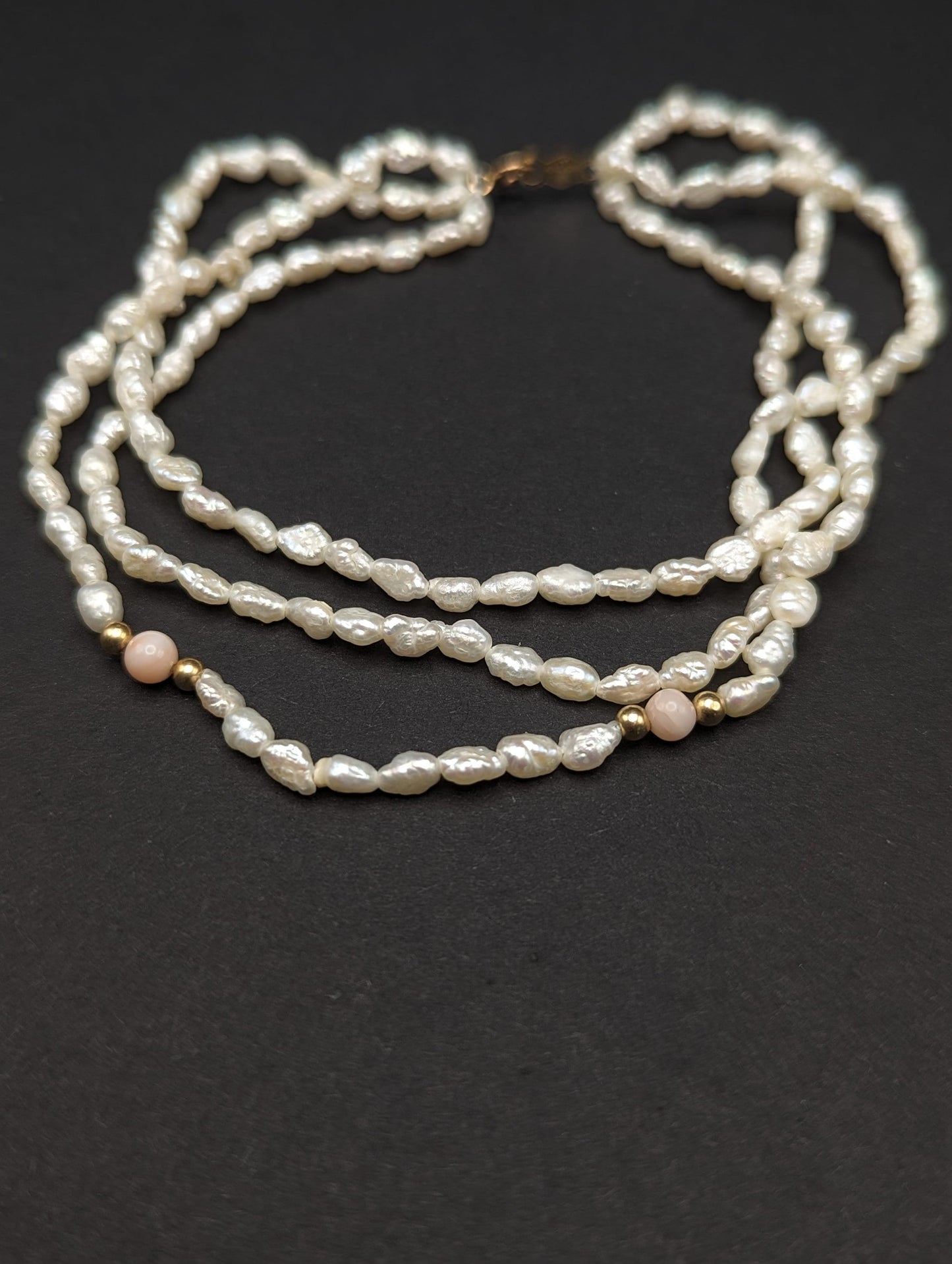 14k Gold Fresh Water Pearl Bracelet w Pink Coral & 14k Gold Beads 14K Freshwater Pearl Gold Bead Three Strand Bracelet, pearl Coral bracelet