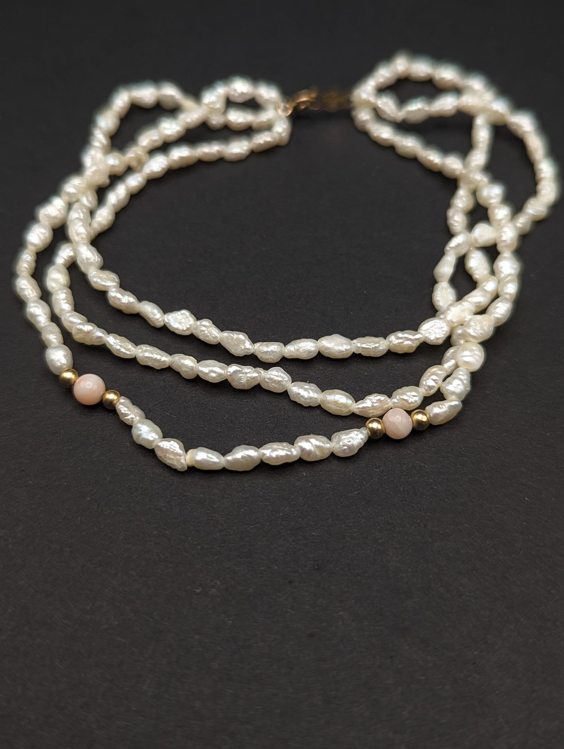14k Gold Fresh Water Pearl Bracelet w Pink Coral & 14k Gold Beads 14K Freshwater Pearl Gold Bead Three Strand Bracelet, pearl Coral bracelet