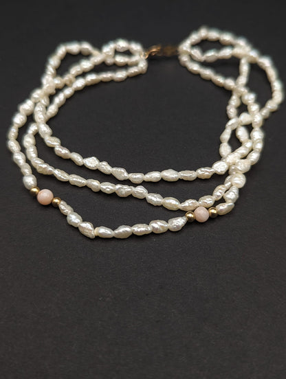 14k Gold Fresh Water Pearl Bracelet w Pink Coral & 14k Gold Beads 14K Freshwater Pearl Gold Bead Three Strand Bracelet, pearl Coral bracelet