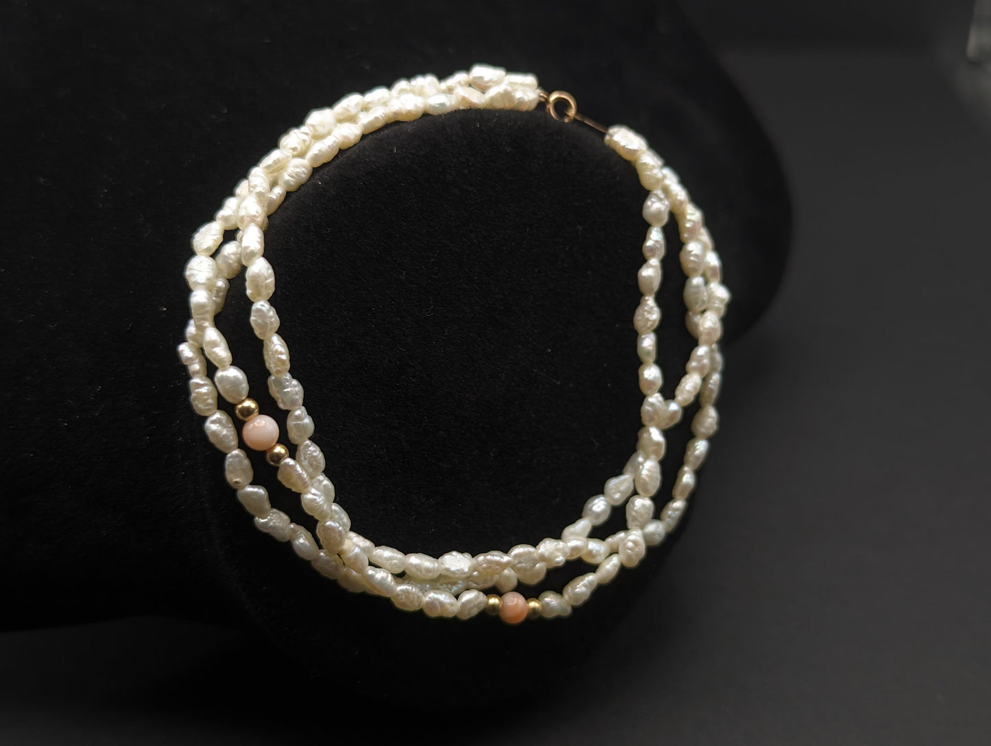 14k Gold Fresh Water Pearl Bracelet w Pink Coral & 14k Gold Beads 14K Freshwater Pearl Gold Bead Three Strand Bracelet, pearl Coral bracelet