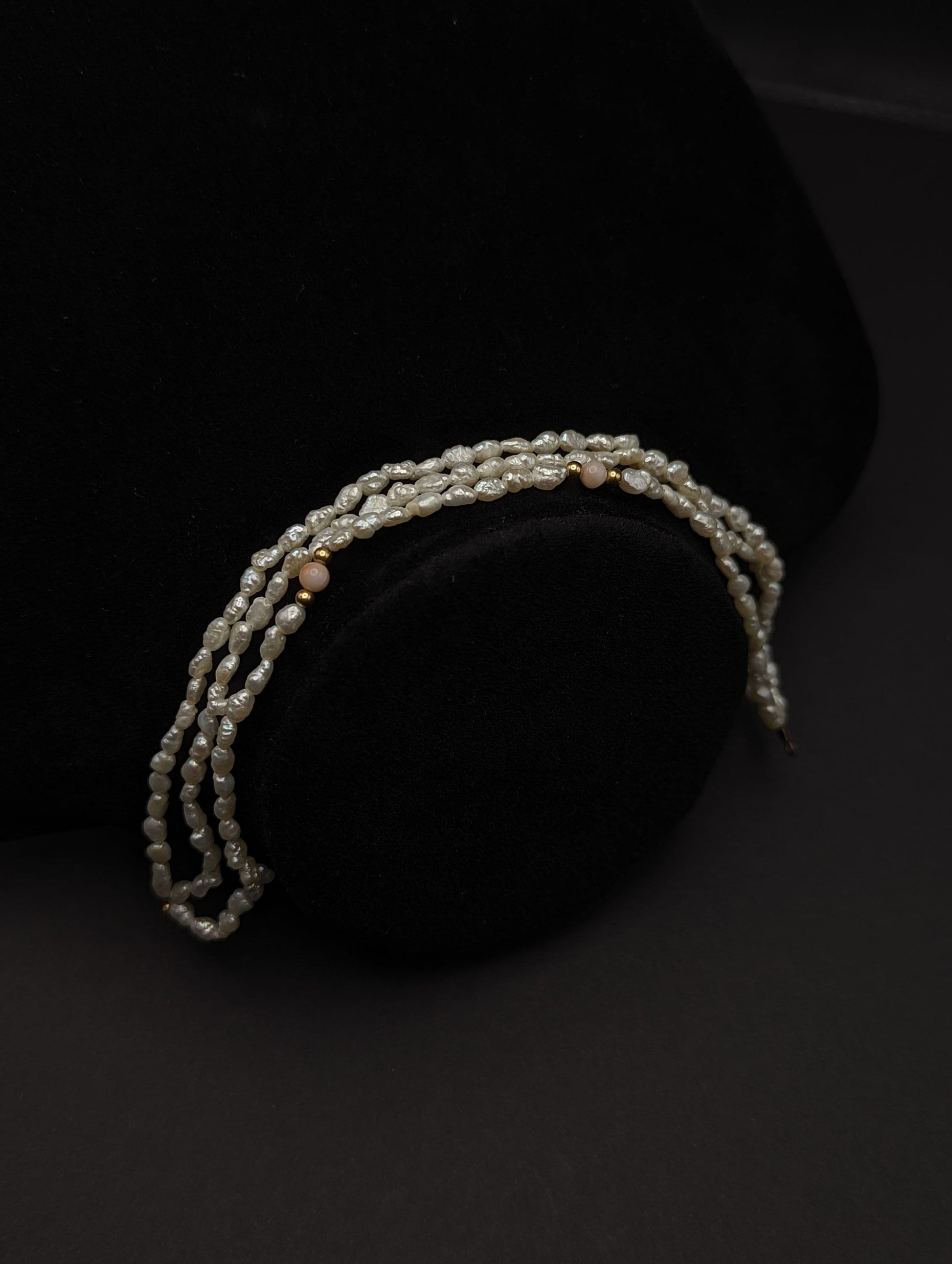 14k Gold Fresh Water Pearl Bracelet w Pink Coral & 14k Gold Beads 14K Freshwater Pearl Gold Bead Three Strand Bracelet, pearl Coral bracelet
