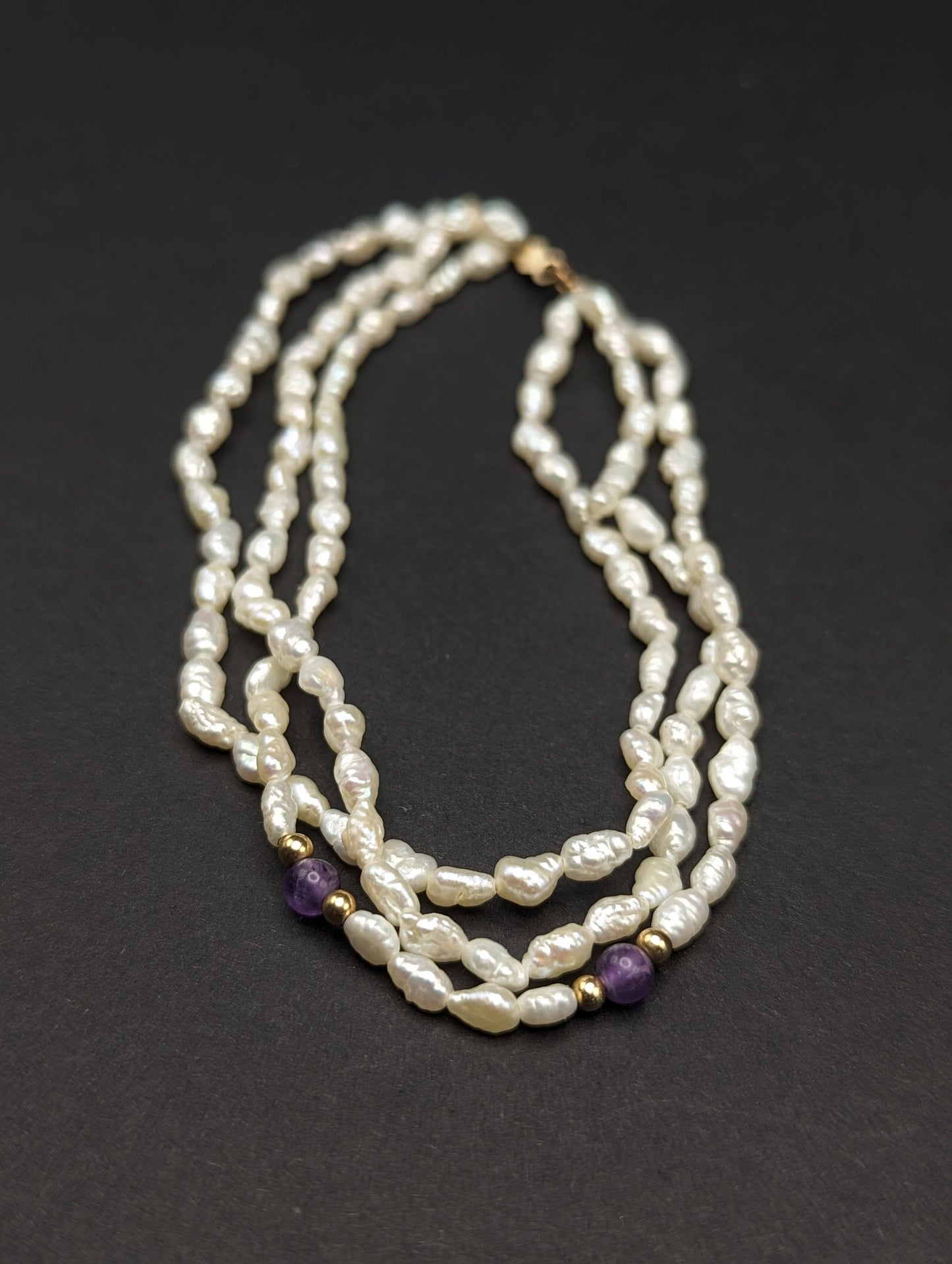 14k Gold Fresh Water Pearl Bracelet w Purple Lepidolite & 14k Gold Beads 14K Freshwater Pearl Gold Bead Three Strand Bracelet, pear bracelet