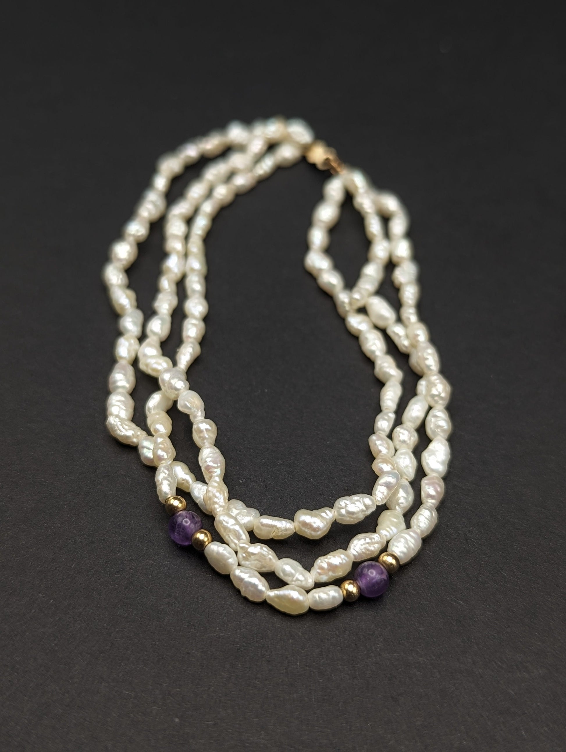 14k Gold Fresh Water Pearl Bracelet w Purple Lepidolite & 14k Gold Beads 14K Freshwater Pearl Gold Bead Three Strand Bracelet, pear bracelet