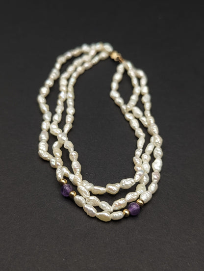14k Gold Fresh Water Pearl Bracelet w Purple Lepidolite & 14k Gold Beads 14K Freshwater Pearl Gold Bead Three Strand Bracelet, pear bracelet