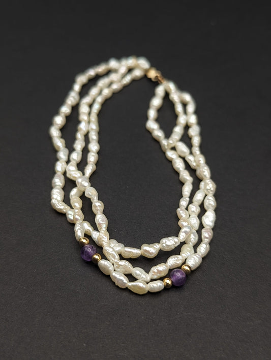 14k Gold Fresh Water Pearl Bracelet w Purple Lepidolite & 14k Gold Beads 14K Freshwater Pearl Gold Bead Three Strand Bracelet, pear bracelet